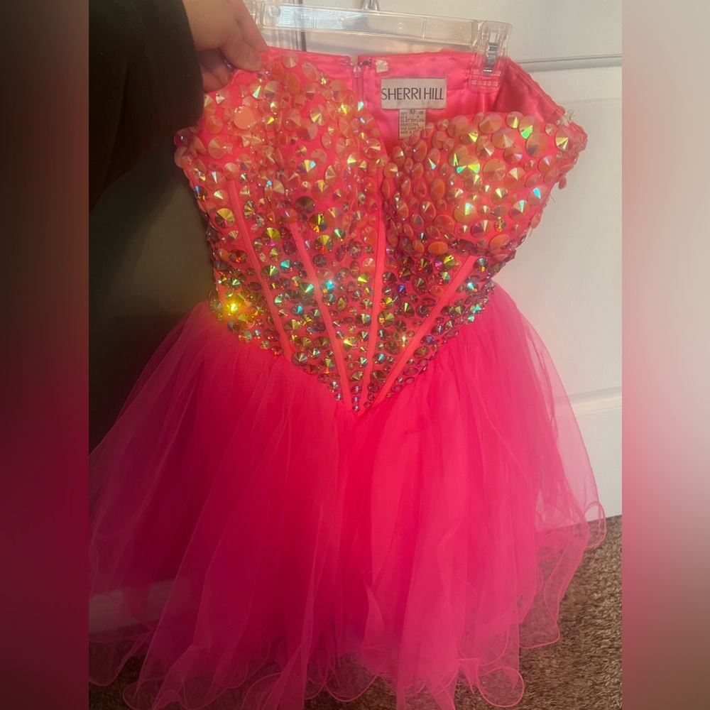 Sherri Hill Hot Pink Beaded Strapless Short Tulle Prom HOCO Dress - Picture 2 of 5